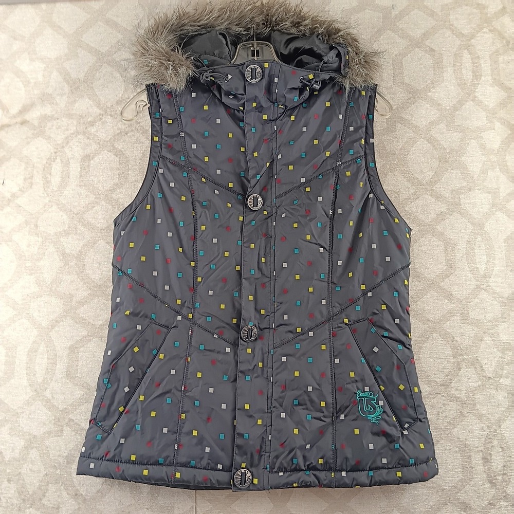 Burton‎ Dryride Women Medium Grey Multicolor Square Print Hooded Puffer Vest